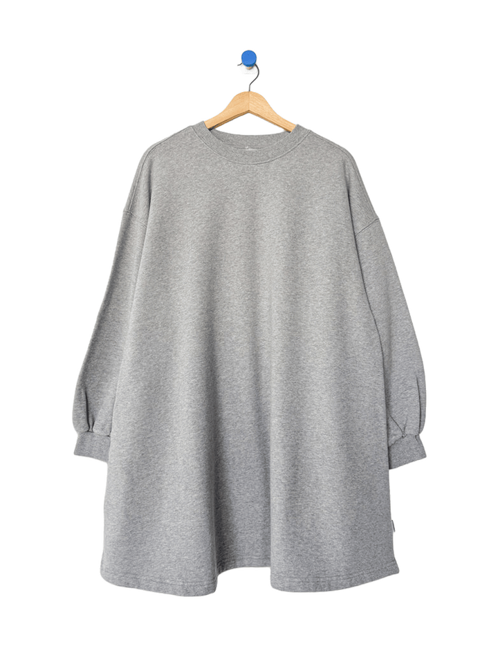 Le Bon Shoppe French Terry Swing Dress in Grey Melange on wooden hanger, front view | Twentyseven Toronto