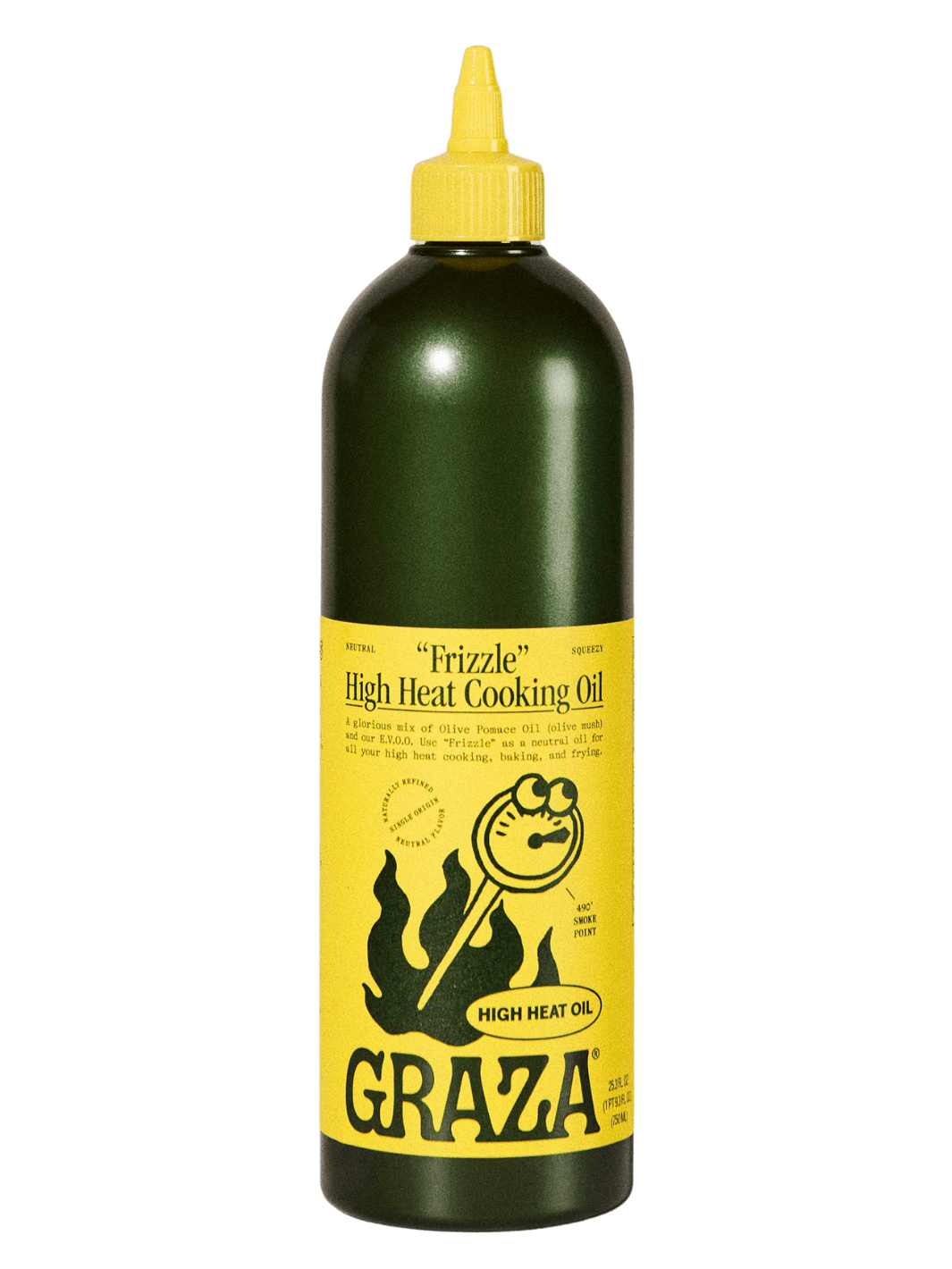 750ml bottle of Graza 'Frizzle' High Heat Cooking Oil with yellow label and cap on a transparent background | Twentyseven Toronto