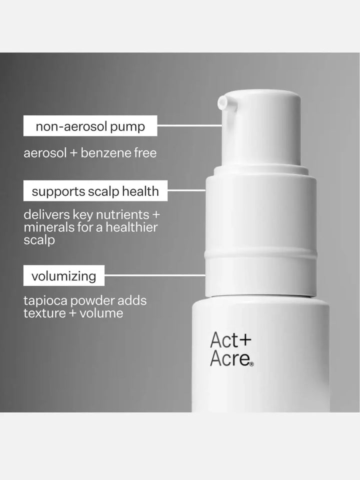 White hair product bottle of Act+Acre Fulvic Acid Dry Shampoo with text highlighting features and benefits on a gray background | Twentyseven Toronto