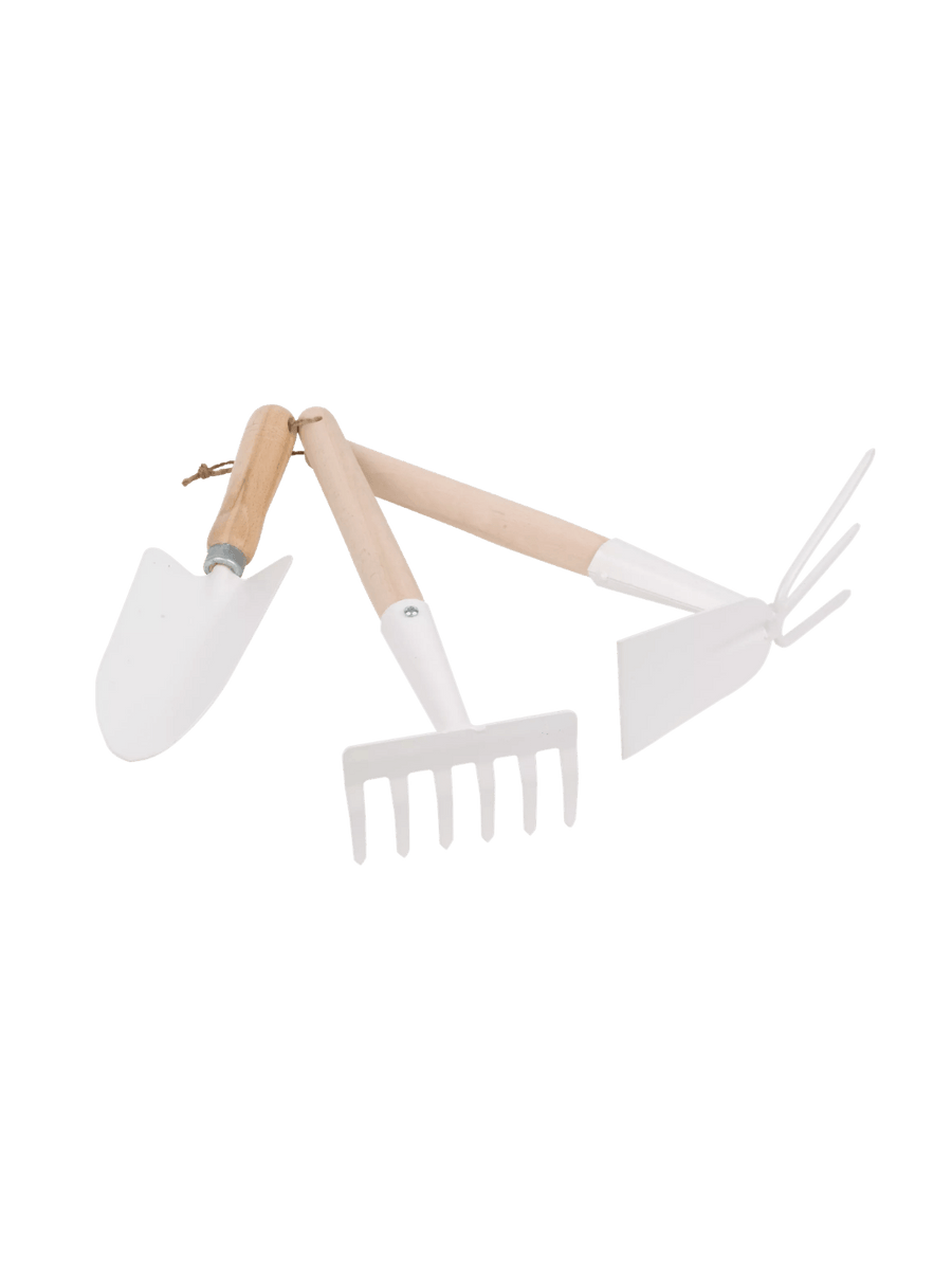 Set of three gardening tools including a trowel, fork, and hoe from Burstenhaus Redecker on a transparent background | Twentyseven Toronto
