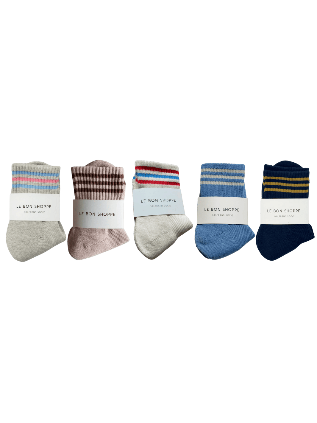 Five pairs of Le Bon Shoppe Girlfriend Socks in colours 'Bright Grey', 'Bellini', 'Leche', 'Parisian Blue', and 'Navy' | Twentyseven Toronto