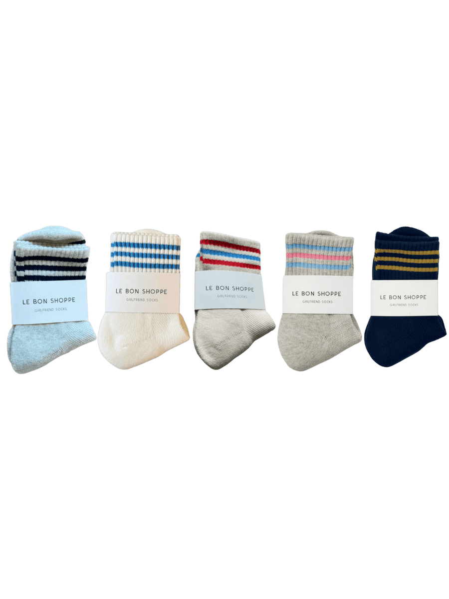Five pairs of Le Bon Shoppe Girlfriend Socks in colours 'Sailor', 'Ivory', 'Leche', 'Bright Grey', and 'Navy' | Twentyseven Toronto