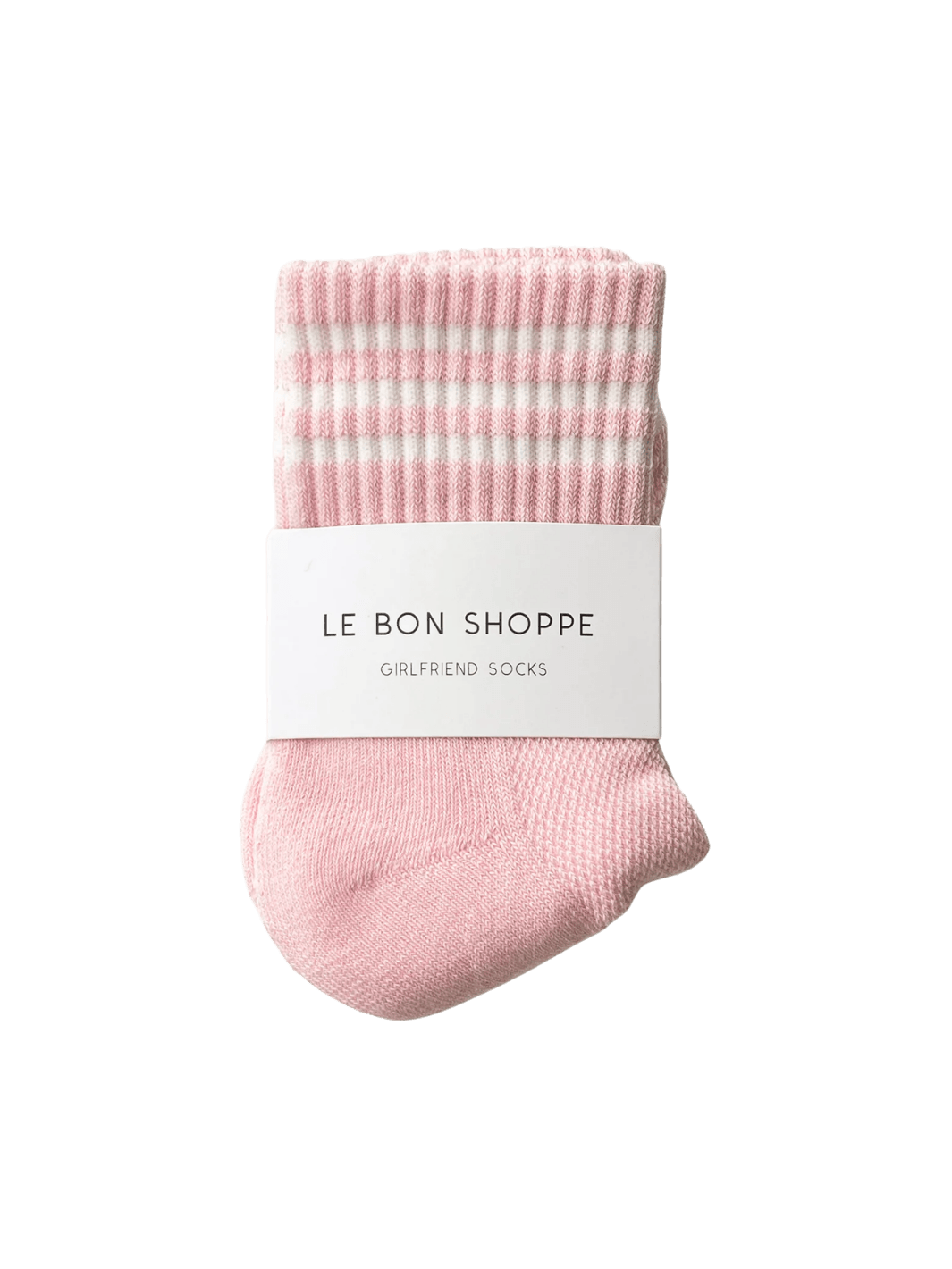 The light pink Le Bon Shoppe Girlfriend Sock in Peony is neatly folded and wrapped with a white branded paper sleeve | Twentyseven