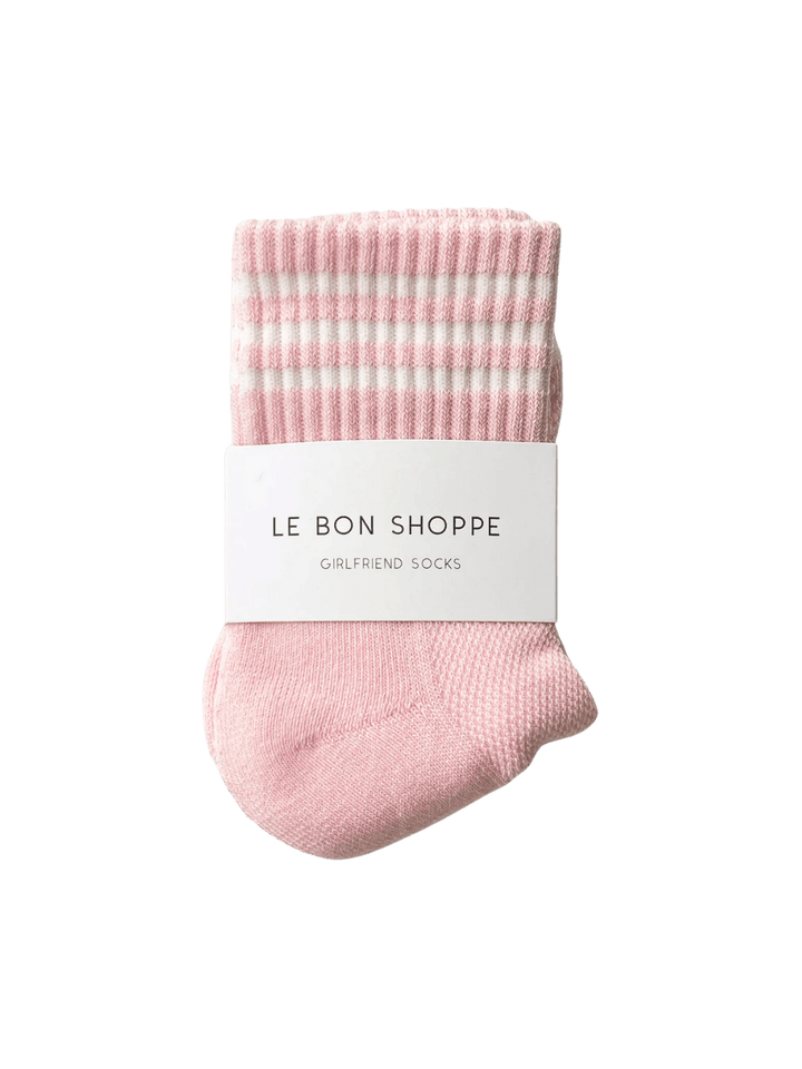 The light pink Le Bon Shoppe Girlfriend Sock in Peony is neatly folded and wrapped with a white branded paper sleeve | Twentyseven