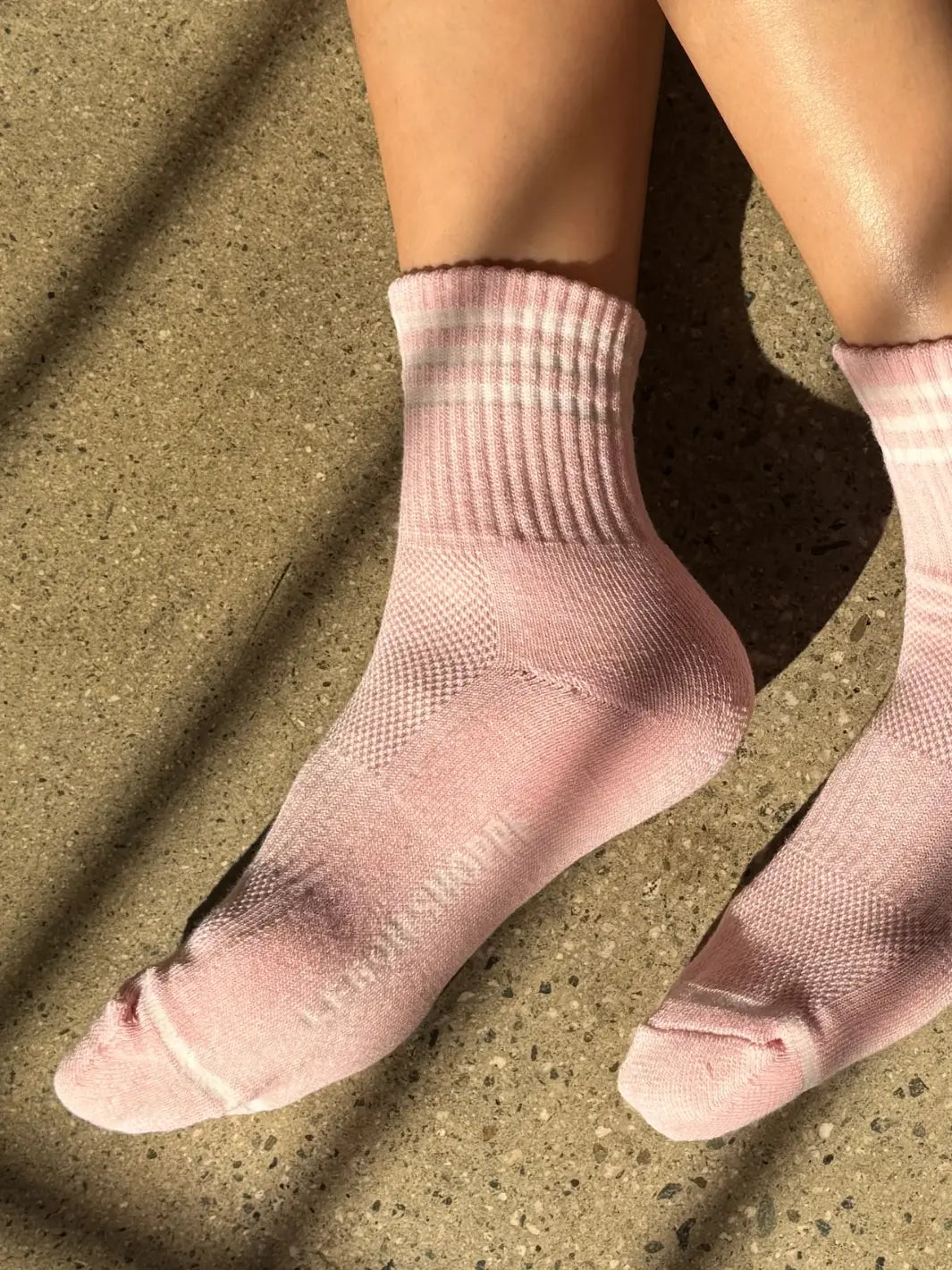A close-up view highlights the side profile and knit texture of the Le Bon Shoppe Girlfriend Sock in Peony worn on a foot | Twentyseven