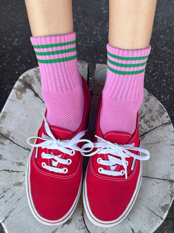 Le Bon Shoppe Girlfriend Socks in Rose Pink with green stripes, styled with red sneakers | Twentyseven Toronto