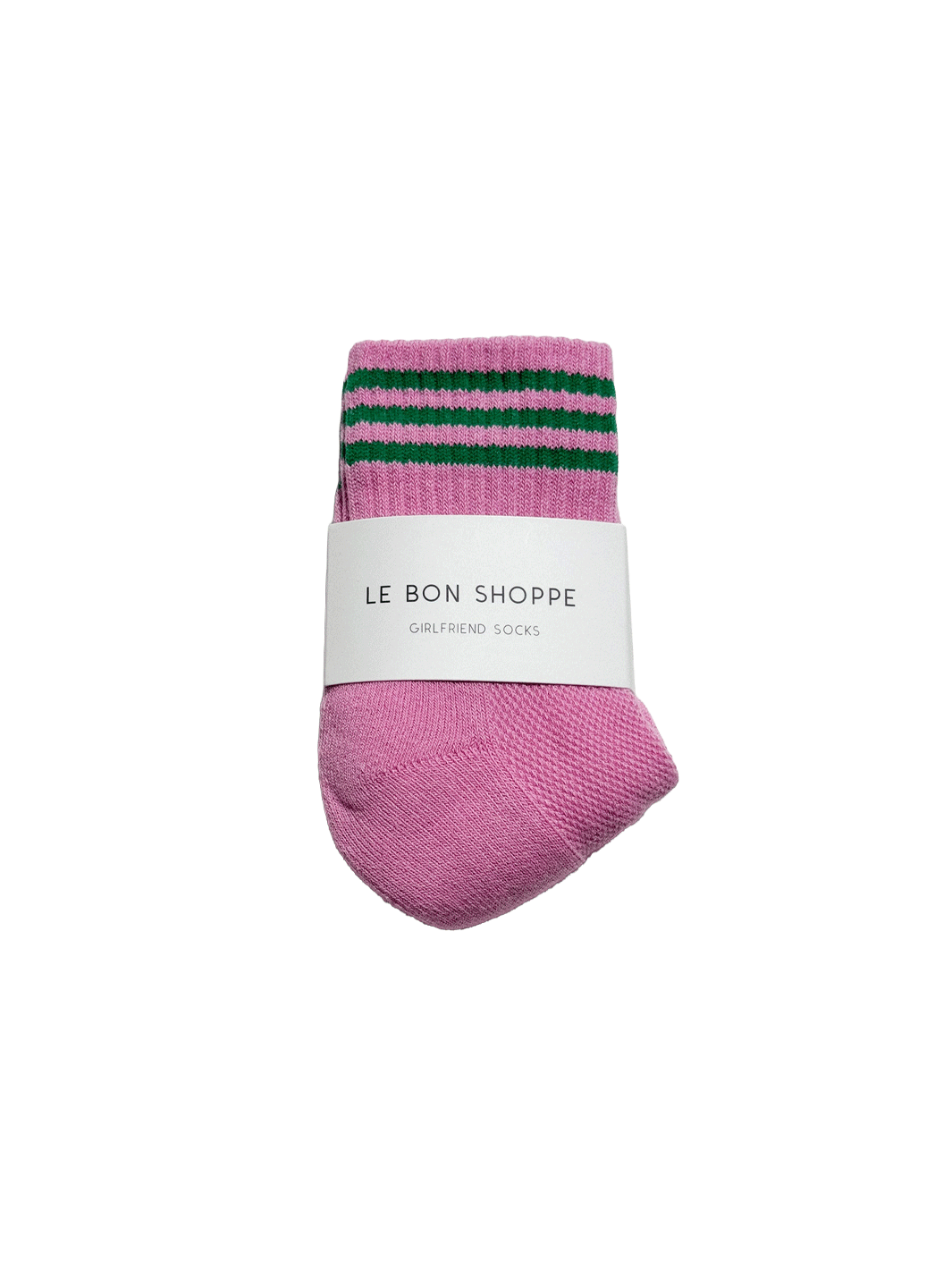 Le Bon Shoppe Girlfriend Socks in Rose Pink with green stripes and branded packaging | Twentyseven Toronto