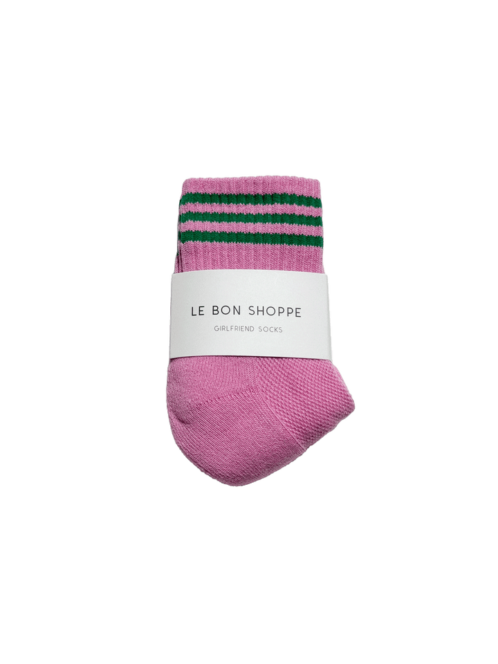 Le Bon Shoppe Girlfriend Socks in Rose Pink with green stripes and branded packaging | Twentyseven Toronto