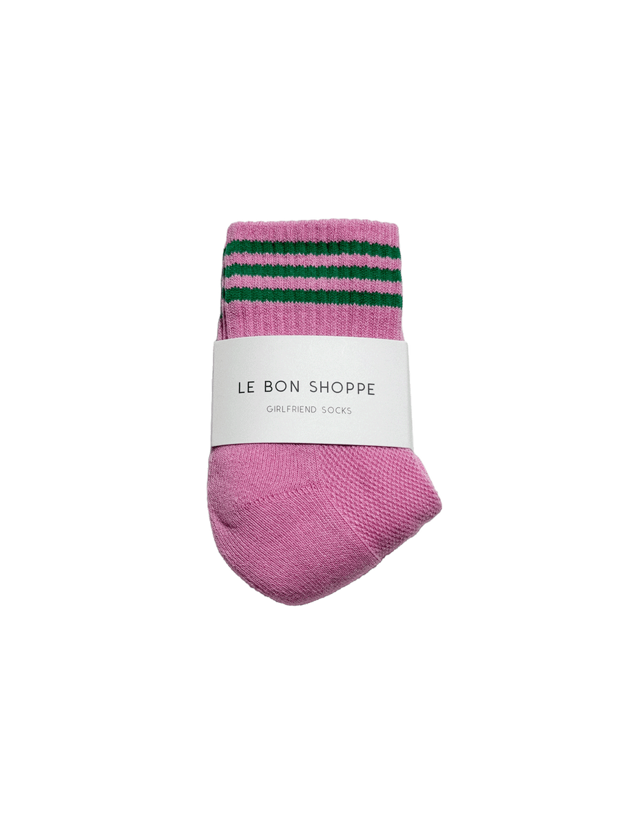 Le Bon Shoppe Girlfriend Socks in Rose Pink with green stripes and branded packaging | Twentyseven Toronto