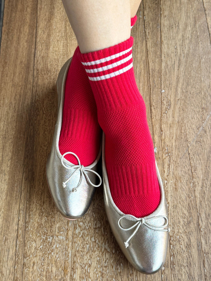 Le Bon Shoppe Girlfriend Socks in Scarlet styled with metallic silver ballet flats | Twentyseven Toronto