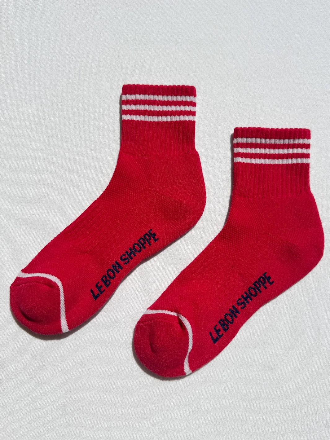 Le Bon Shoppe Girlfriend Socks in Scarlet with white contrast stripes and logo detailing | Twentyseven Toronto