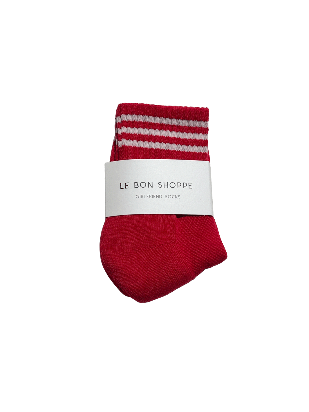 Le Bon Shoppe Girlfriend Socks in Scarlet with white contrast stripes and branded packaging | Twentyseven Toronto