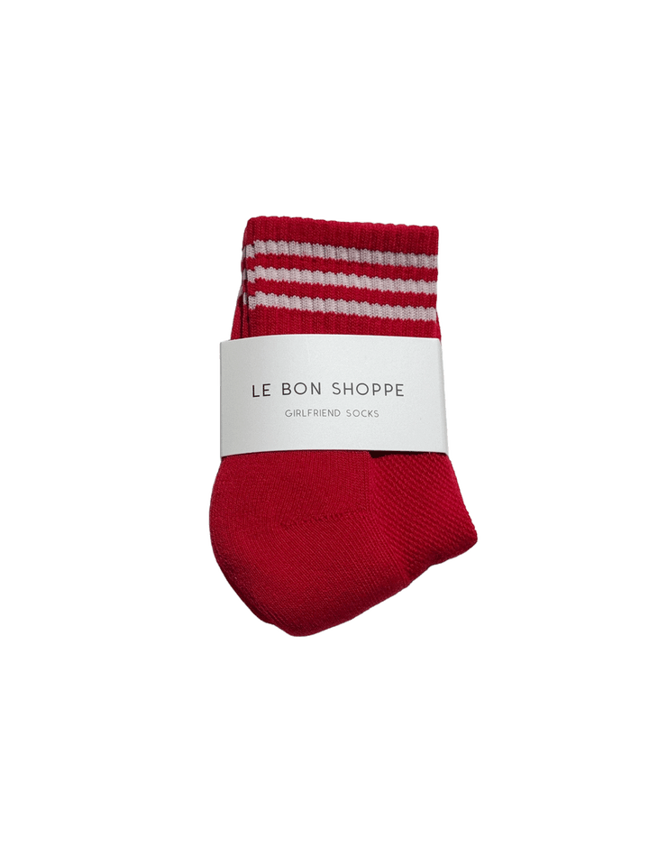 Le Bon Shoppe Girlfriend Socks in Scarlet with white contrast stripes and branded packaging | Twentyseven Toronto