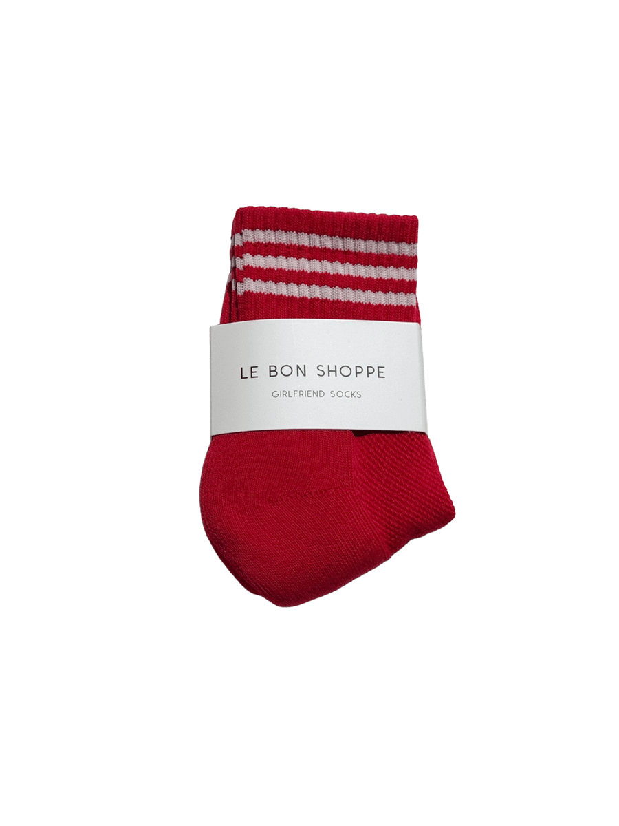 Le Bon Shoppe Girlfriend Socks in Scarlet with white contrast stripes and branded packaging | Twentyseven Toronto