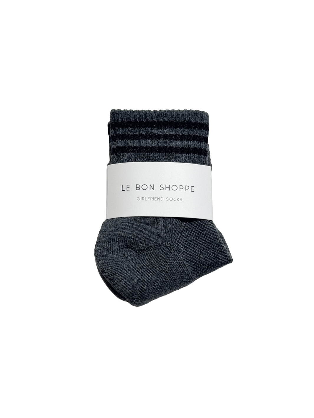 Le Bon Shoppe Girlfriend Socks in Soot with black contrast stripes and branded packaging | Twentyseven Toronto