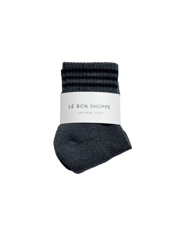 Le Bon Shoppe Girlfriend Socks in Soot with black contrast stripes and branded packaging | Twentyseven Toronto