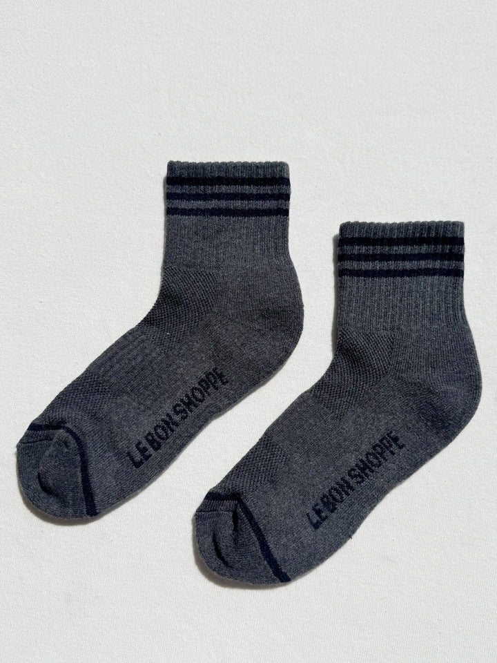 Le Bon Shoppe Girlfriend Socks in Soot featuring black contrast stripes and logo detailing | Twentyseven Toronto