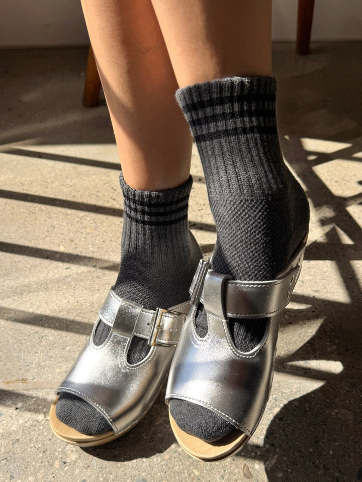 Le Bon Shoppe Girlfriend Socks in Soot styled with metallic silver sandals | Twentyseven Toronto