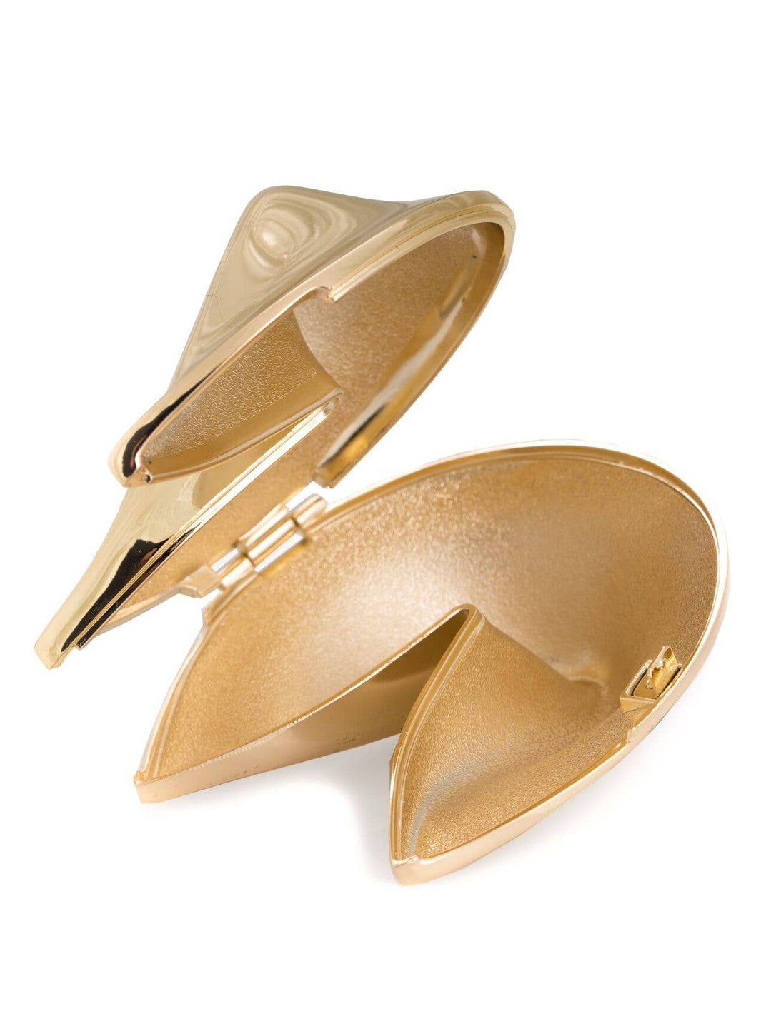Open gold-plated fortune cookie keepsake showing the hinged design and interior space for a note or message | Twentyseven Toronto