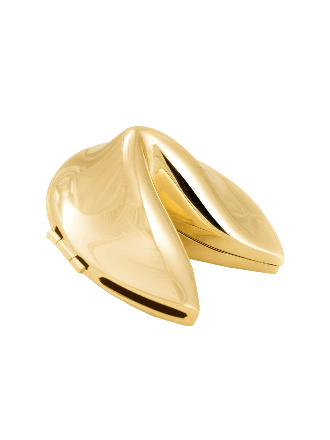 Gold-plated fortune cookie keepsake with a polished finish and hinged design on a white background | Twentyseven Toronto