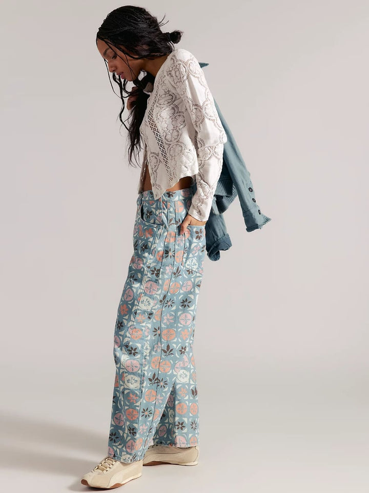 Free People We The Free Good Luck Printed Barrel Jeans - Jade Combo Ditsy Block | Twentyseven Toronto