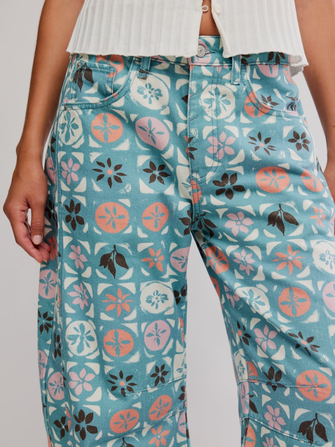Free People We The Free Good Luck Printed Barrel Jeans - Jade Combo Ditsy Block | Twentyseven Toronto