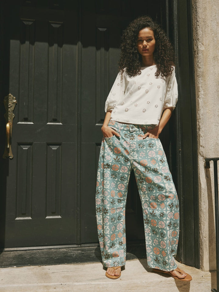 Free People We The Free Good Luck Printed Barrel Jeans - Jade Combo Ditsy Block | Twentyseven Toronto