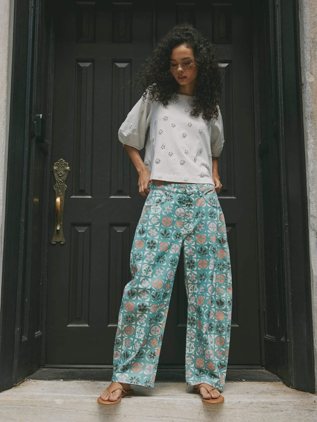 Free People We The Free Good Luck Printed Barrel Jeans - Jade Combo Ditsy Block | Twentyseven Toronto