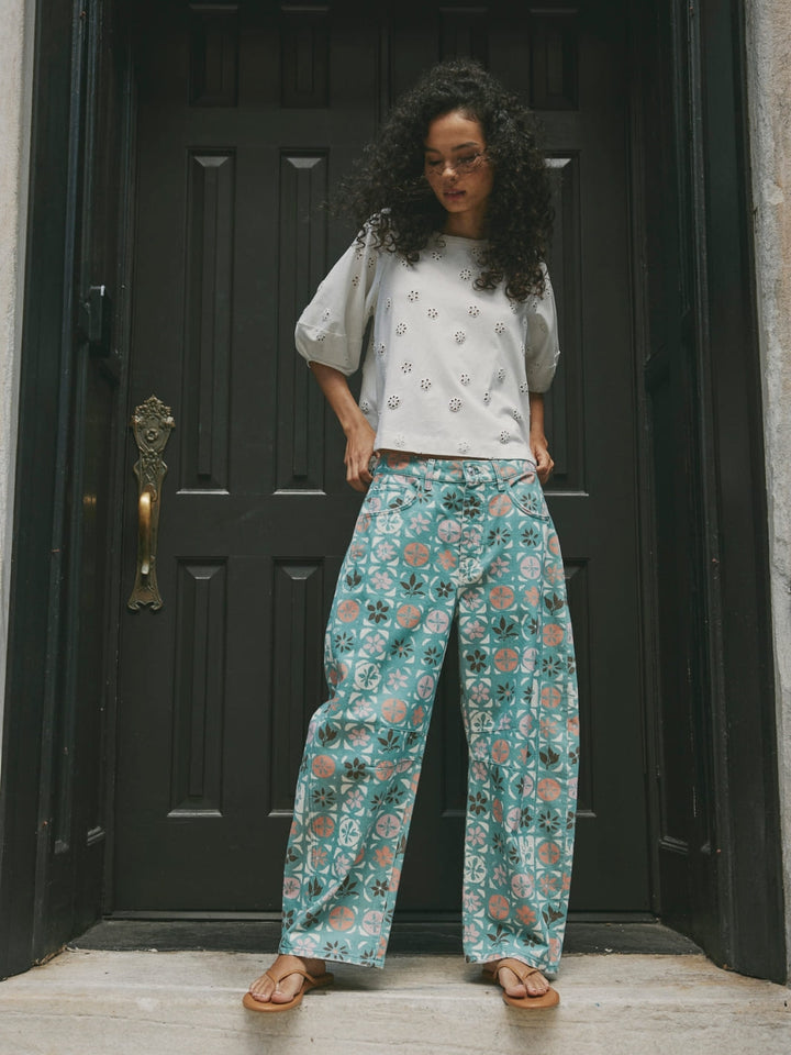 Free People We The Free Good Luck Printed Barrel Jeans - Jade Combo Ditsy Block | Twentyseven Toronto