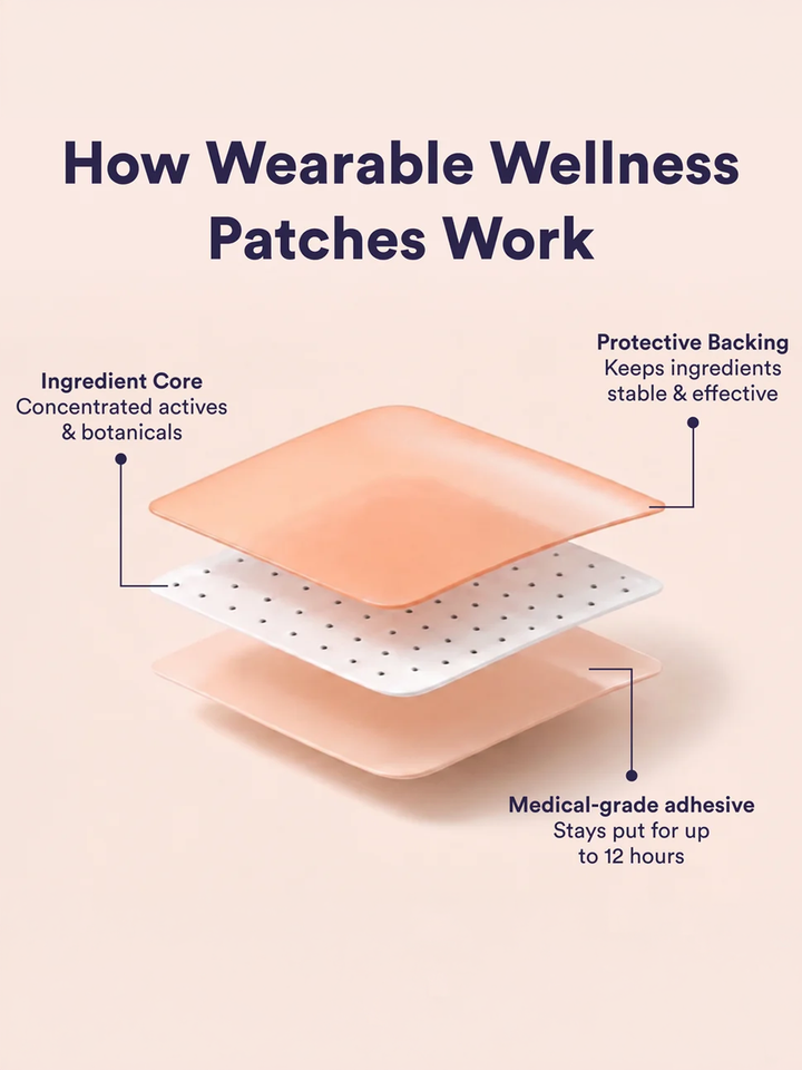 Diagram showing The Good Patch wearable wellness patch layers, including ingredient core, protective backing and adhesive | Twentyseven Toronto