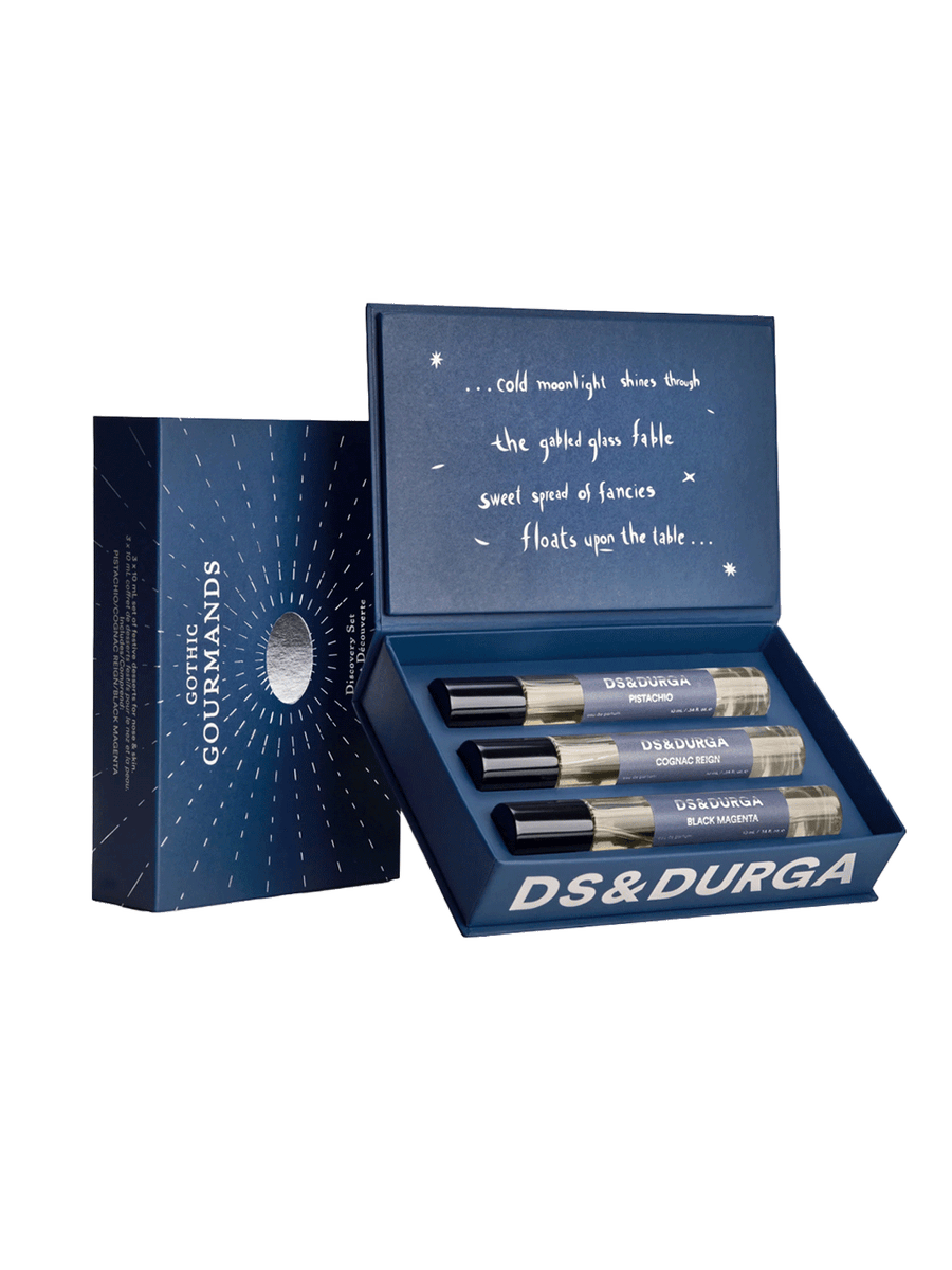 D.S. & Durga Gothic Gourmands Discovery Set featuring Pistachio, Cognac Reign and Black Magenta fragrances in a navy gift box | Twentyseven Toronto
