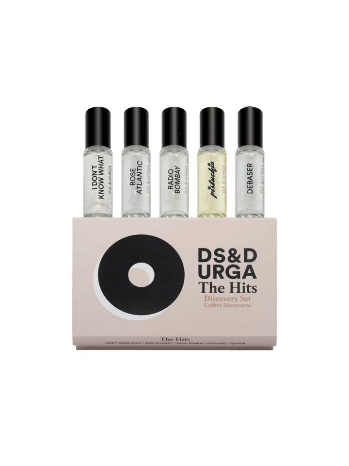 Set of 5 perfume bottles in a box labeled 'DS&Durga The Hits Discovery Set' on a transparent background | Twentyseven Toronto