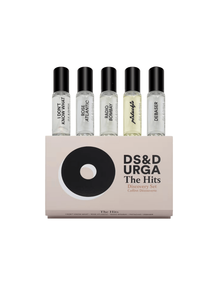 Set of 5 perfume bottles in a box labeled 'DS&Durga The Hits Discovery Set' on a transparent background | Twentyseven Toronto