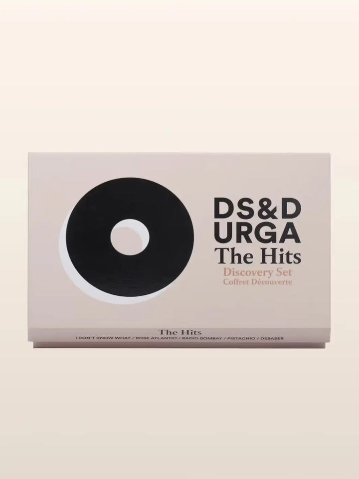 DS&DURGA The Hits set of 5 perfumes discovery set packaging on a beige background | Twentyseven Toronto
