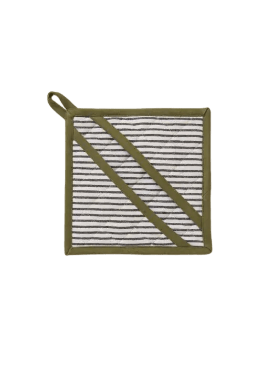 Striped oven mitt with olive green border in 'Aux Petits Oignons' style from Sylvie Thiriez on a transparent background | Twentyseven Toronto