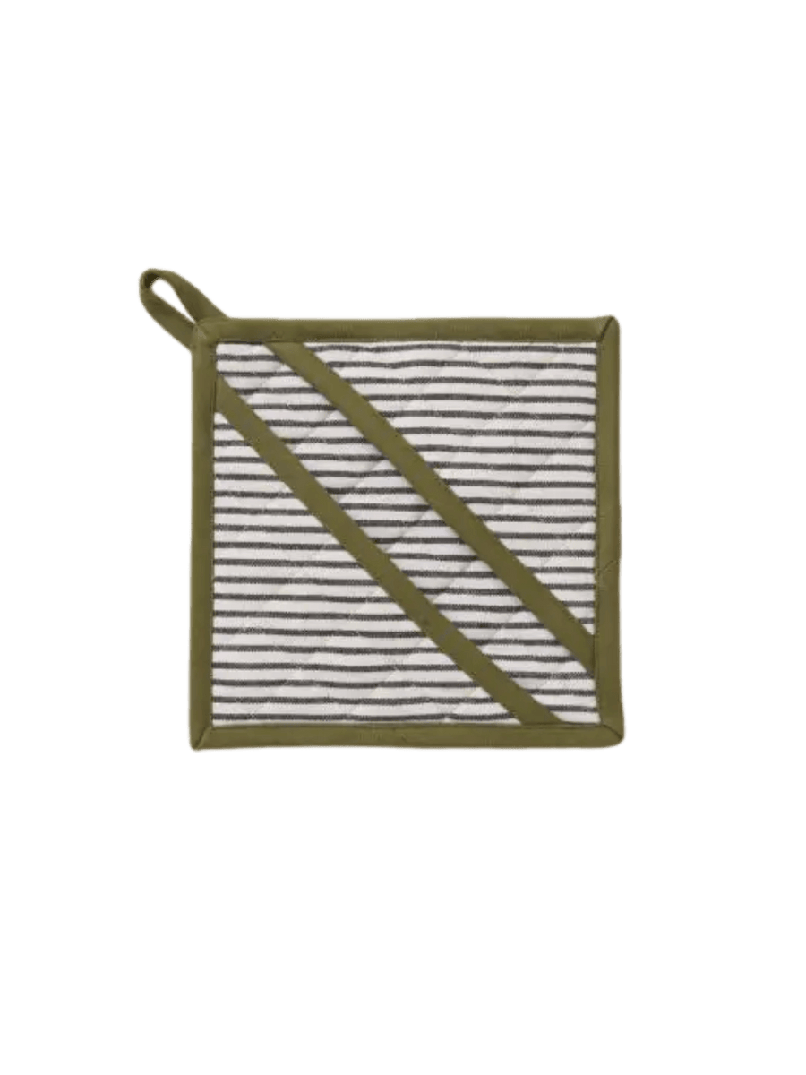Striped oven mitt with olive green border in 'Aux Petits Oignons' style from Sylvie Thiriez on a transparent background | Twentyseven Toronto