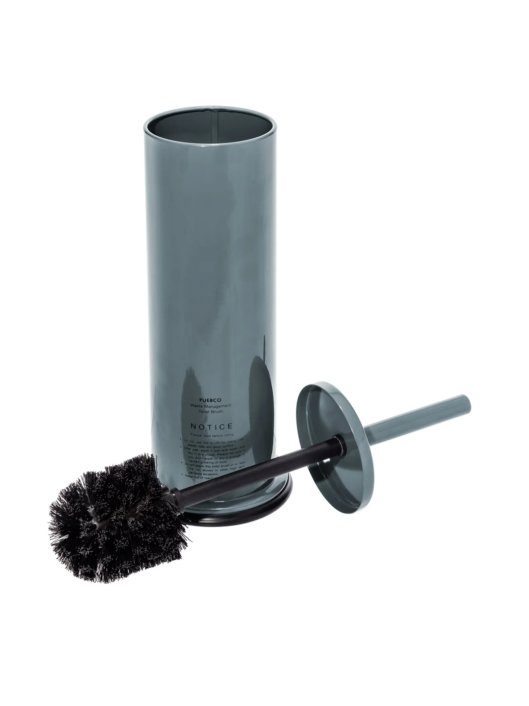 Puebco Grey Toilet Brush removed from its cylindrical steel holder, showing the black cleaning bristles, long handle and matching grey lid | Twentyseven Toronto