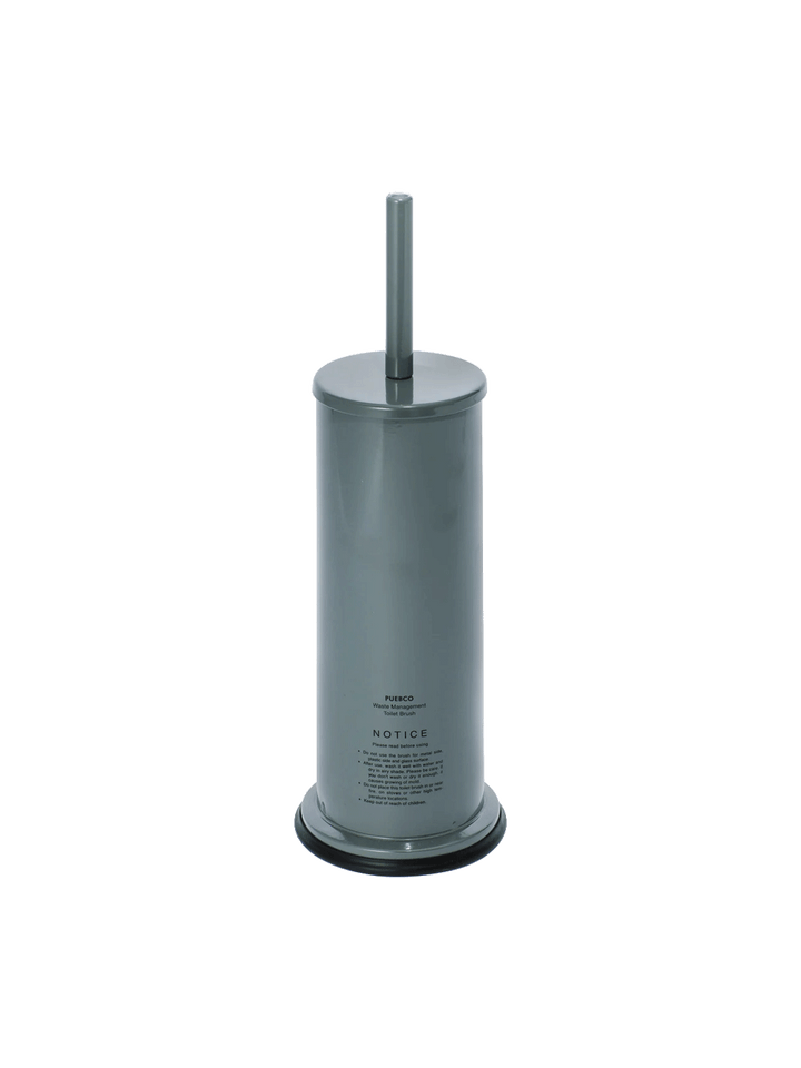 Puebco Grey Toilet Brush in its sleek grey steel holder with matching handle and black base, front view against a white background | Twentyseven Toronto