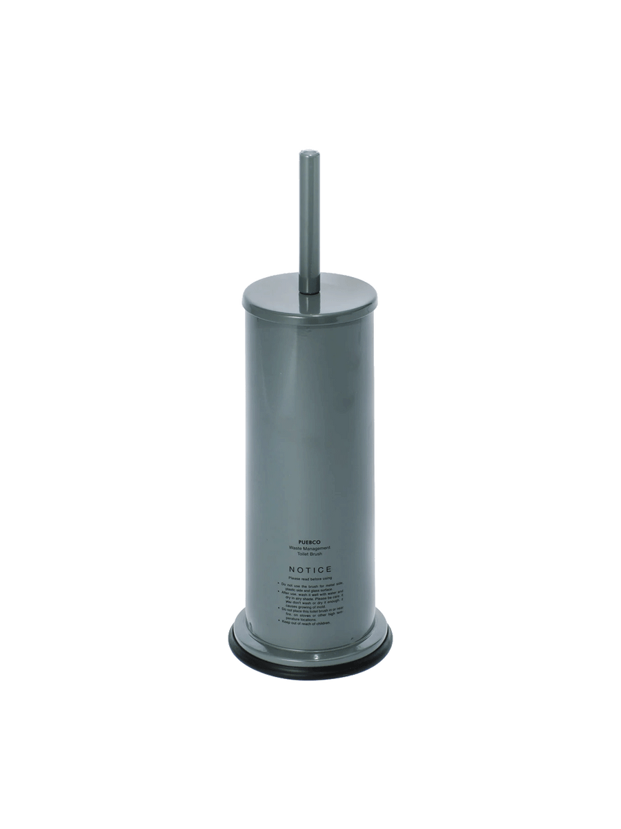 Puebco Grey Toilet Brush in its sleek grey steel holder with matching handle and black base, front view against a white background | Twentyseven Toronto