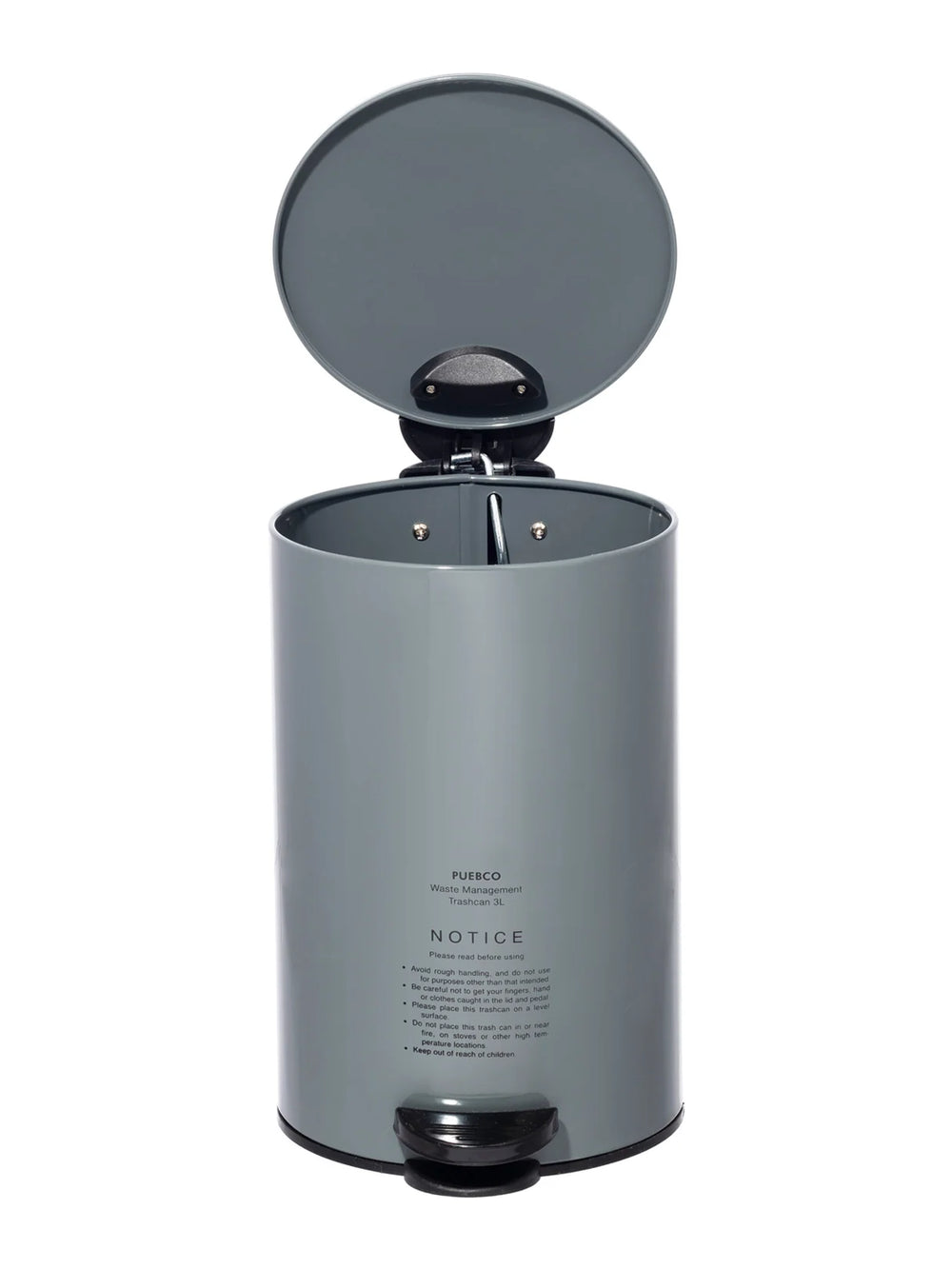 Puebco Grey Trash Can with open lid, showing the steel exterior, black foot pedal and removable inner bin | Twentyseven Toronto