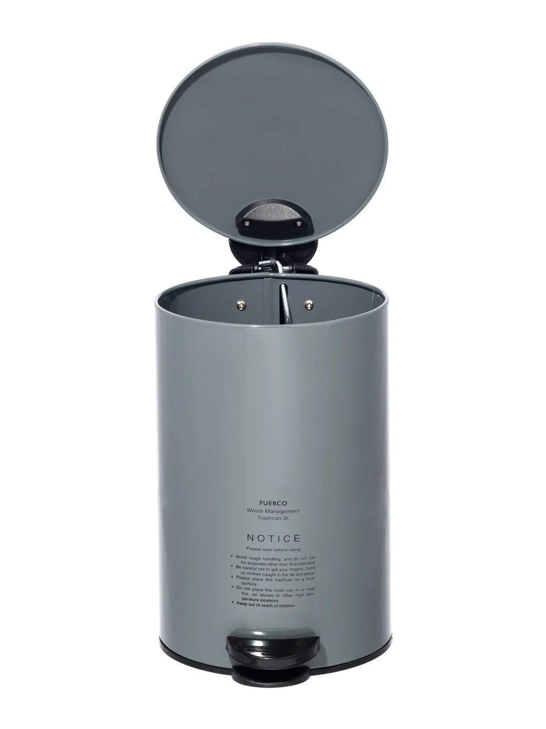 Puebco Grey Trash Can with open lid, showing the steel exterior, black foot pedal and removable inner bin | Twentyseven Toronto