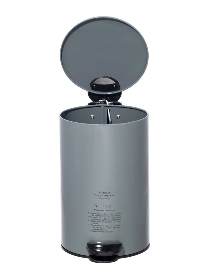 Puebco Grey Trash Can with open lid, showing the steel exterior, black foot pedal and removable inner bin | Twentyseven Toronto