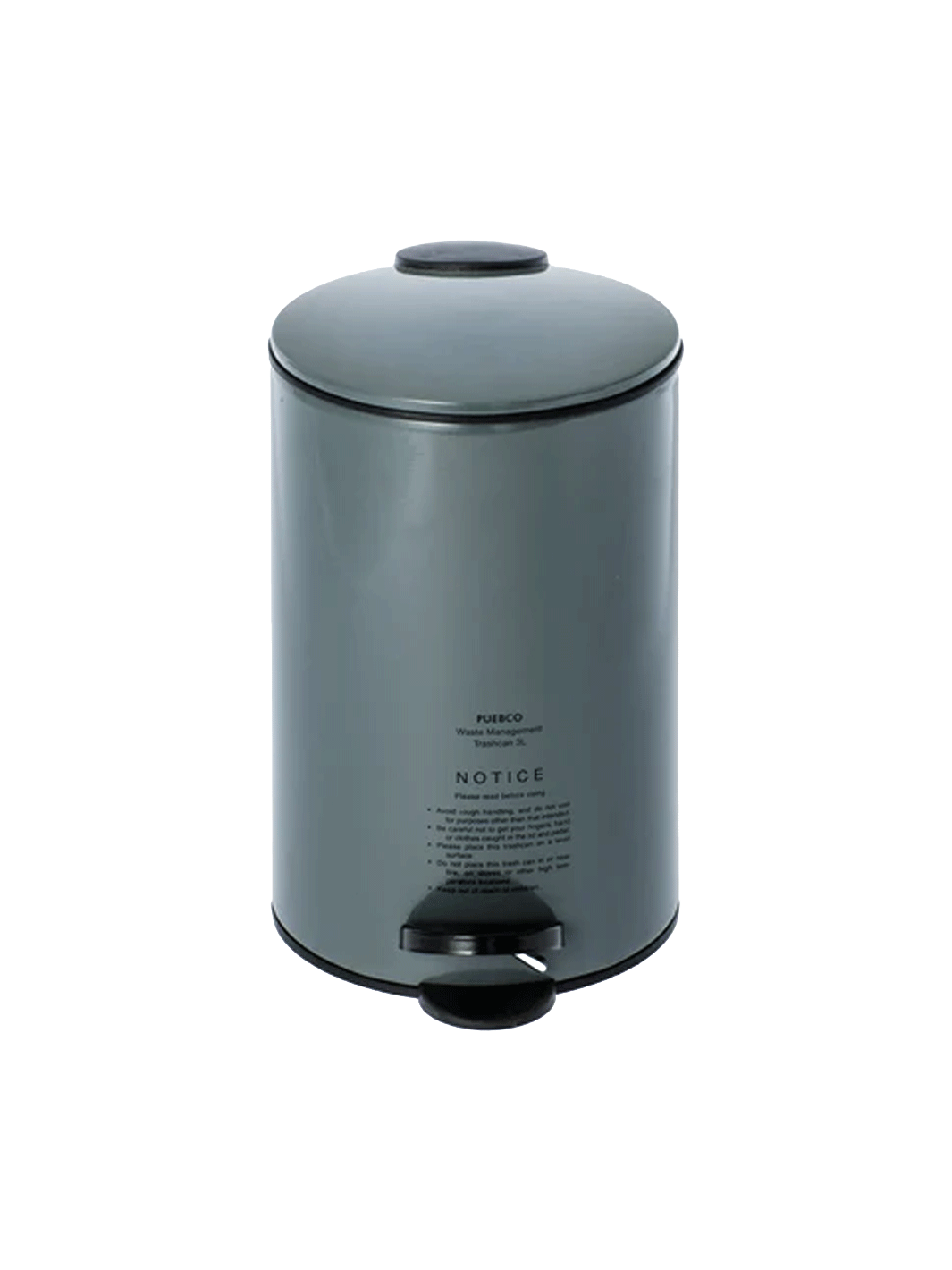 Puebco Grey Trash Can with closed lid, featuring a cylindrical steel body, grey finish and black step pedal against a white background | Twentyseven Toronto