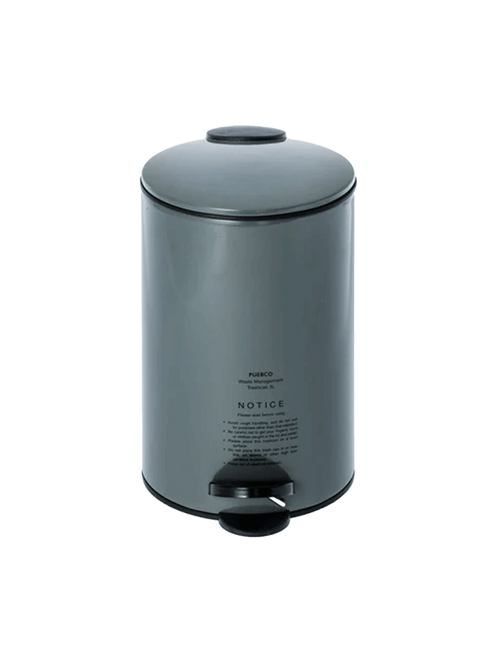 Puebco Grey Trash Can with closed lid, featuring a cylindrical steel body, grey finish and black step pedal against a white background | Twentyseven Toronto