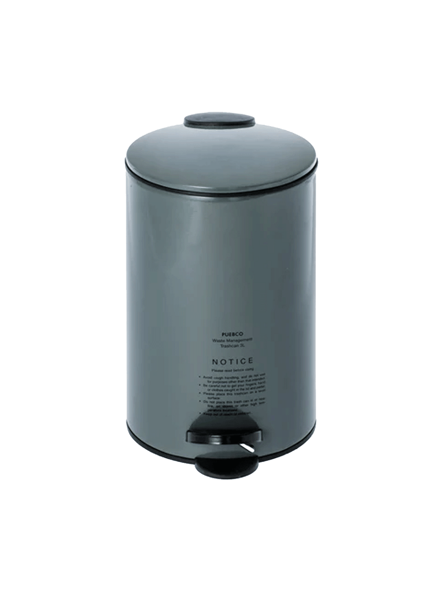 Puebco Grey Trash Can with closed lid, featuring a cylindrical steel body, grey finish and black step pedal against a white background | Twentyseven Toronto