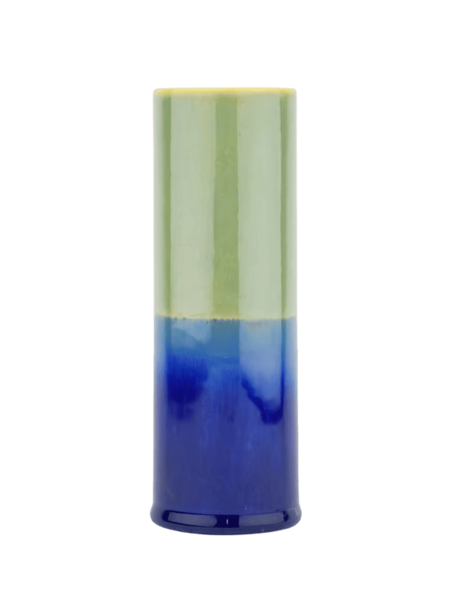 Tall cylindrical vase with a green top and blue bottom by SGW Lab | Twentyseven Toronto