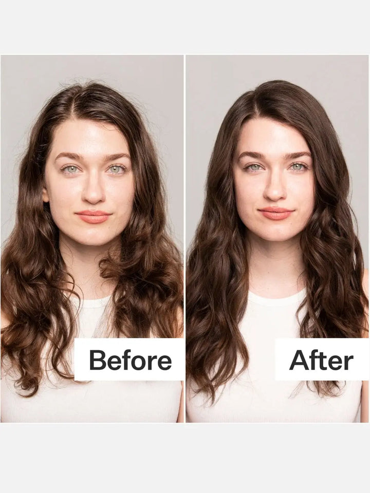 Before and after comparison of a woman with long, wavy hair after using Act+Acre Cold Processed Hair Cleanse | Twentyseven Toronto