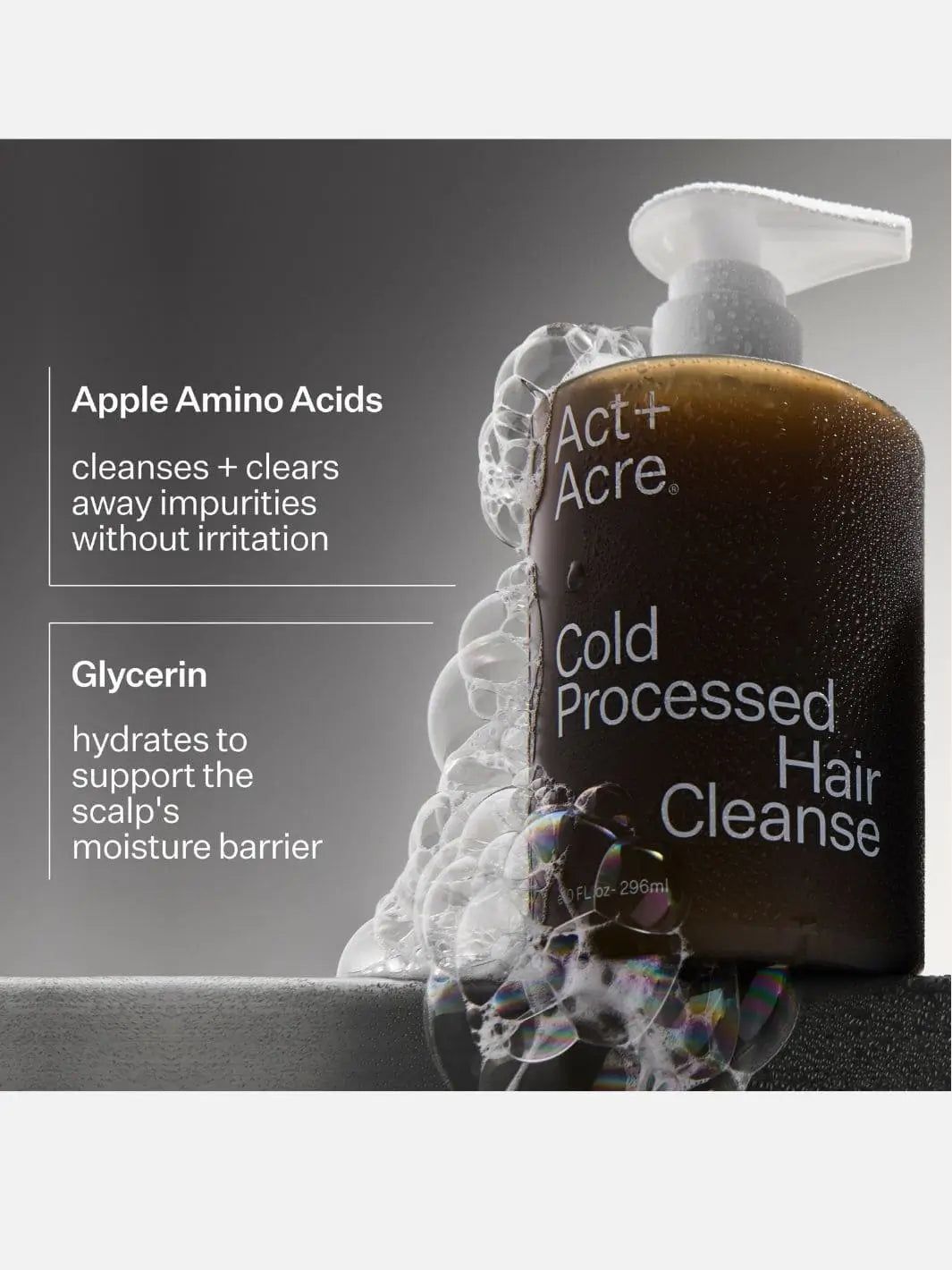Act+Acre Cold Processed Hair Cleanse bottle with text about ingredients on a gray background | Twentyseven Toronto