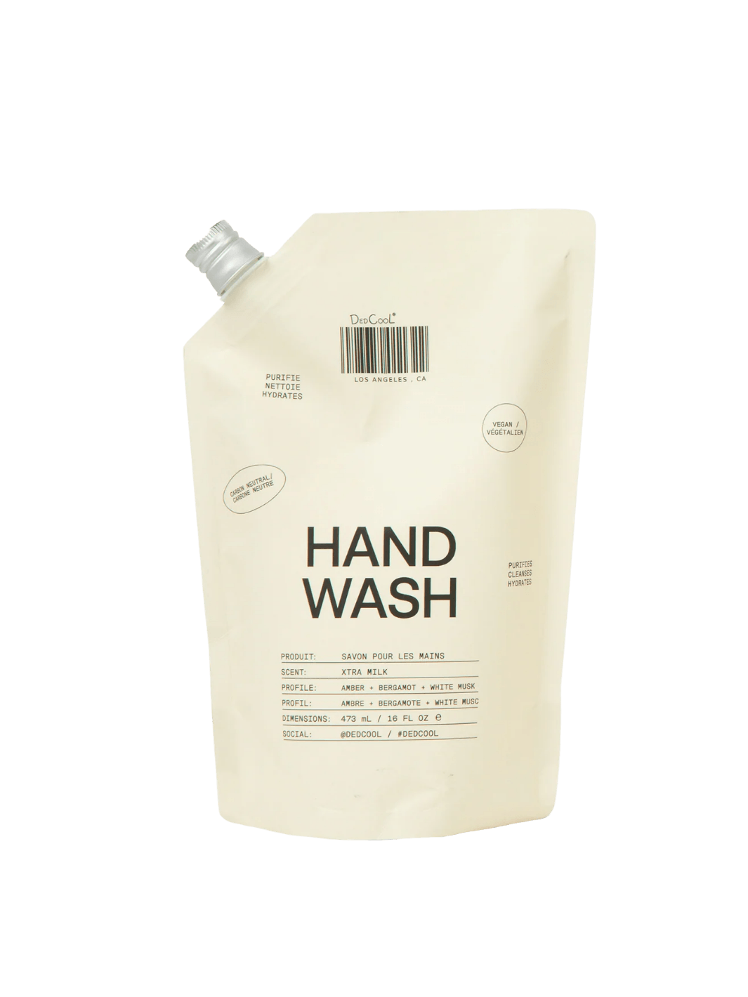 Front view of the cream-colored pouch container for Dedcool Hand Wash Refill Xtra Milk with a silver cap | Twentyseven