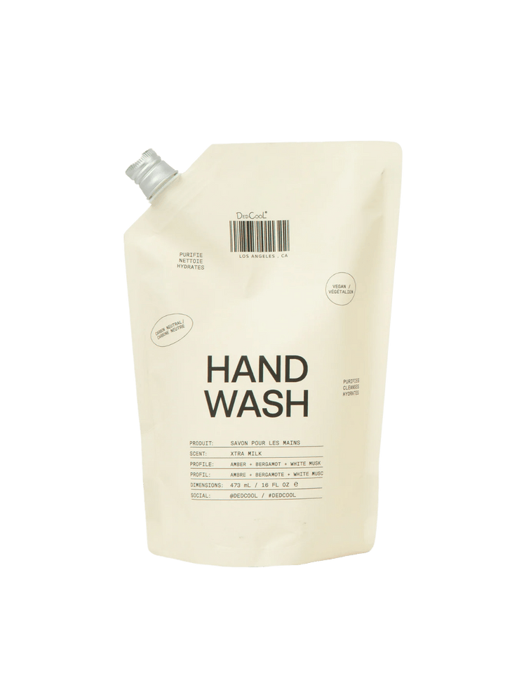 Front view of the cream-colored pouch container for Dedcool Hand Wash Refill Xtra Milk with a silver cap | Twentyseven